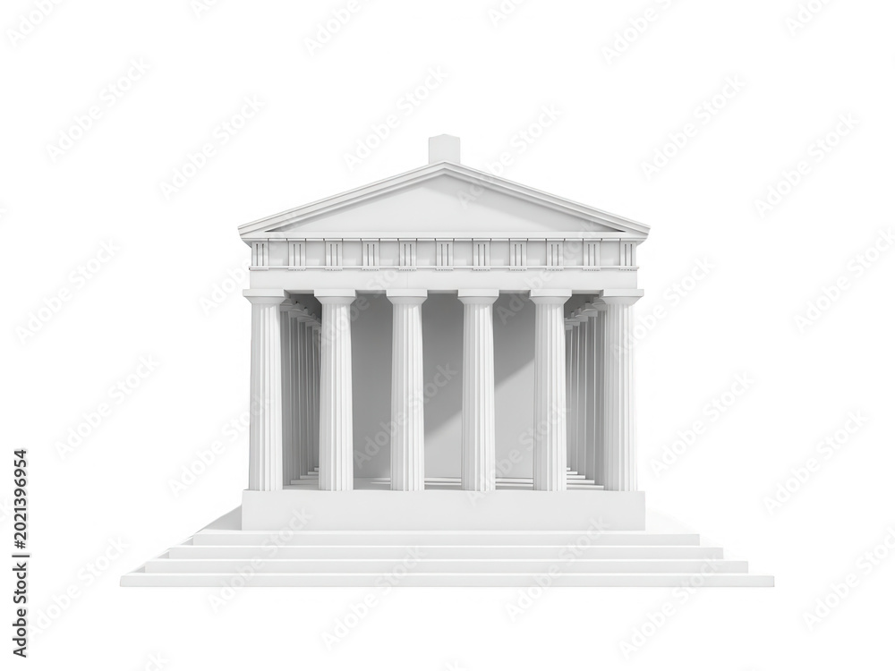 Obraz premium A 3d rendering of a white building with columns and a triangular roof on isolated transparent background