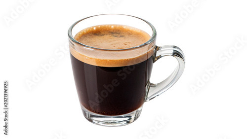 Photos A clear glass mug filled with hot dark espresso coffee showing a rich layer of g
