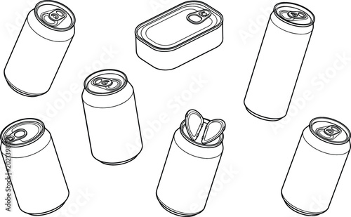 Schilderij op canvas Aluminum Can Packaging Collection Vector Illustration Featuring Beverage Tins an