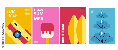Colorful Summer Poster template in minimalist geometric style. Typography design for beach vacation ads. Summer time cover set with camera, ice cream, surfboards and seashells.