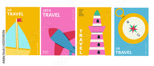 Colorful Summer Travel designs in minimalist geometric style. Typography backgrounds for beach vacation ads. Travel time poster set with compass, boat, plane and lighthouse.