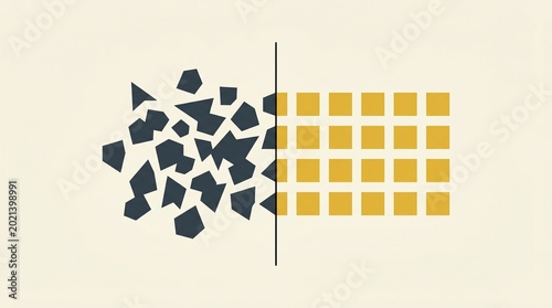 Flat vector illustration of disorganized polygonal shapes transforming into an organized grid of yellow squares representing data processing and order from chaos