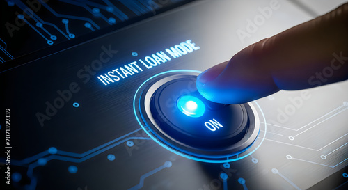 Finger pressing glowing blue ON button for instant loan mode on a dark digital interface