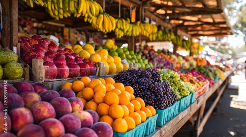 A colorful fruit stand displaying a variety of fresh produce under natural sunlight in an outdoor market