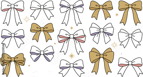 Photography Set of Decorative Bows and Ribbons Vector Collection with Gold, White, and Paste