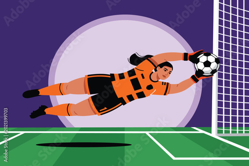 Dynamic Female Goalkeeper Diving Save Soccer Match Flat Vector Illustration