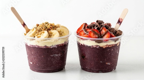 Two acai bowls with banana and strawberry toppings and wooden spoons, fruit bowl