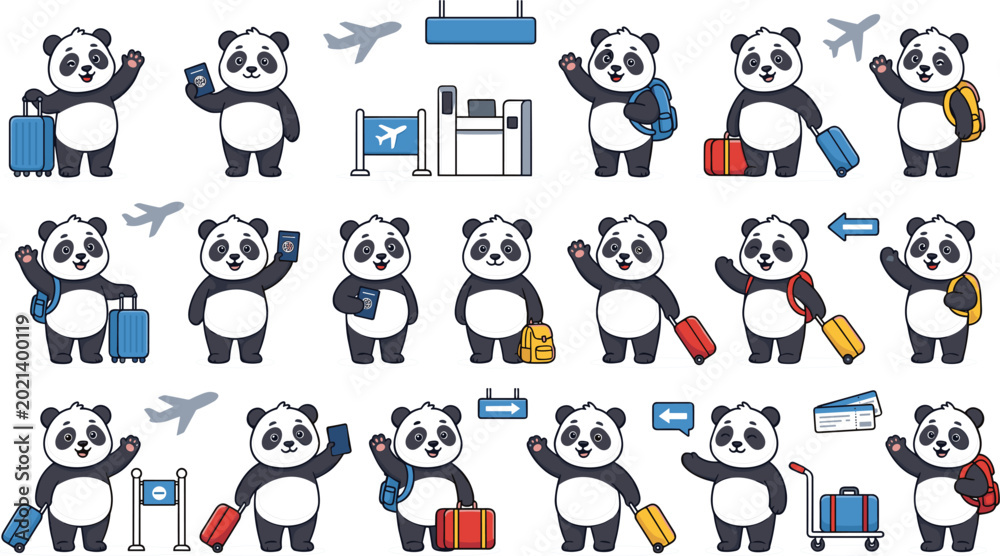 Fototapeta premium Cute Panda Traveler Character Sticker Set with Suitcase, Backpack, Airplane, Passport, Flag, and Airport Travel Poses for Tourism and Kids Designs 