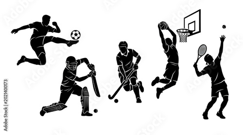 Vector silhouette icon pack of 5 athletes: football kick, cricket cover drive, hockey puck control, basketball dunk, tennis serve. Bold black silhouettes, sharp edges, clean curves, balanced negative 