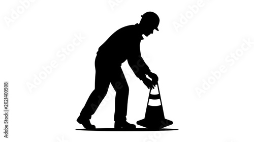Warning Cone Safety Scene with Human Figure Interaction, Realistic Road Safety Vector Silhouette Illustration, Caution Zone Awareness Concept Design