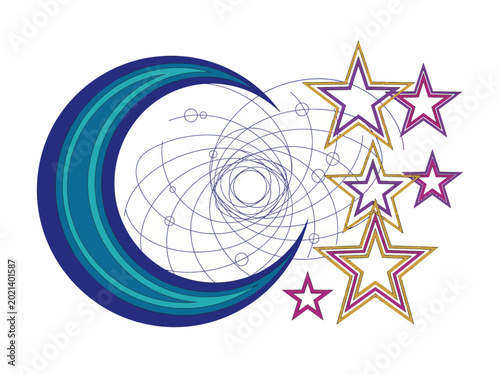 Photography A visually appealing design illustrating a crescent moon, abstract star patterns, and spiraling motion lines, representing cosmic beauty and the magical allure of the night sky