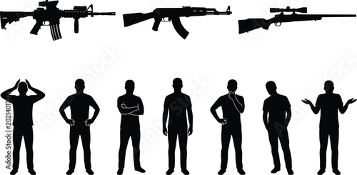Tableau sur toile Silhouette Set of Modern Firearms and Men in Various Standing Poses