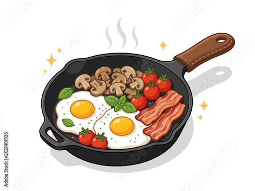 Fotografi A mouthwatering illustration featuring a hearty breakfast with eggs, bacon, mushrooms, and tomatoes in a skillet, symbolizing comfort, satisfaction, and culinary delight