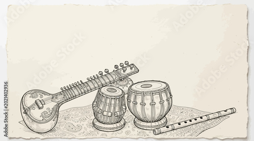 Bild auf Leinwand Detailed line art illustration of traditional Indian musical instruments
