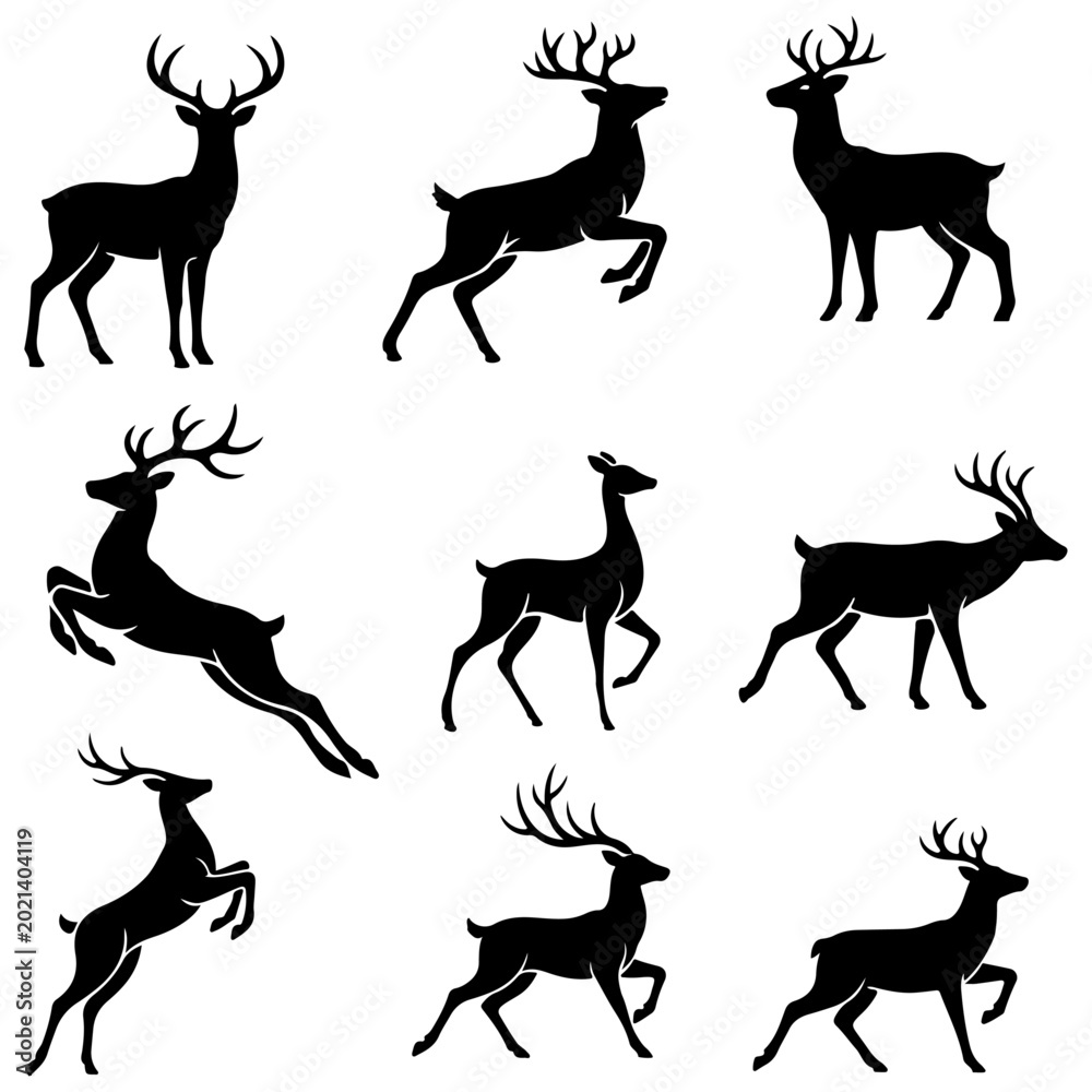 Fototapeta premium Black silhouette illustrations of nine different deer in various poses isolated on a white background creating a compelling visual representation of wildlife animal movement and grace