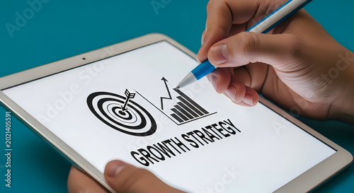 Hand holding stylus pointing at tablet screen showing growth chart and target