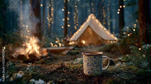 Atmospheric camping evening in nature with warm glowing tent