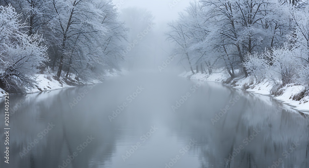 Fototapeta premium A serene winter landscape featuring a snow covered river and frosted trees
