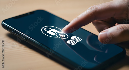 Finger touching smartphone screen displaying secure online payment and coins