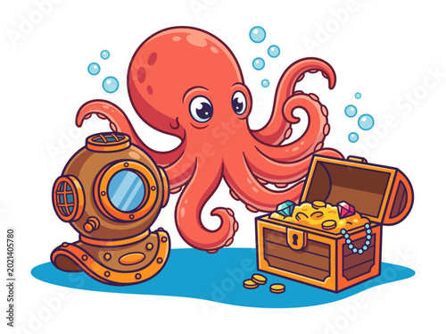 Fotografi This playful illustration features a vibrant octopus beside a treasure chest overflowing with gold coins and jewels, evoking a sense of adventure and discovery in the ocean