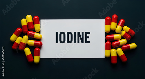 Red and yellow capsules arranged around a white card with the word IODINE