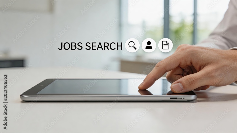 Fototapeta premium Jobs search and recruitment process concept, hand finger touching tablet screen, digital hiring platform, online career opportunities, employment application, human resources