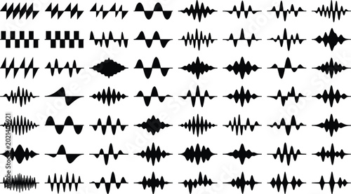 Photography Audio Sound Wave and Audio Waveform Silhouette Icon Set Featuring Music Equalize
