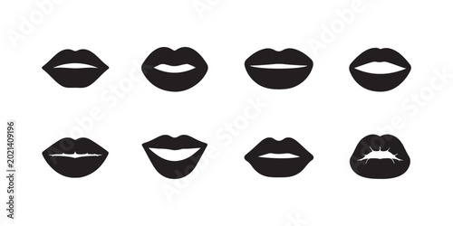 Set of black lips silhouettes isolated on white background depicting diverse mouth expressions and lip shapes vector.