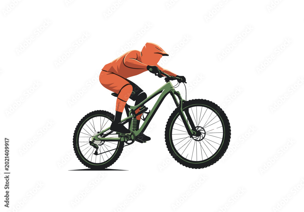 Naklejka premium Cyclist riding a green mountain bike on white background
