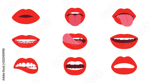 Foto Red lips collection with various expressions isolated on white background