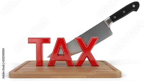 Cutting tax, tax cut, knife, finance concept, 3D illustration