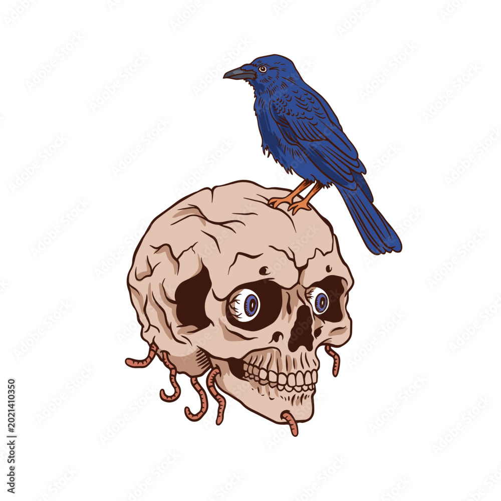Obraz premium Blue bird perched on a whimsical skull illustration t-shirt design