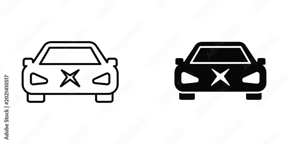 Fototapeta premium Simple car icons with x marks on hood in black and white styles