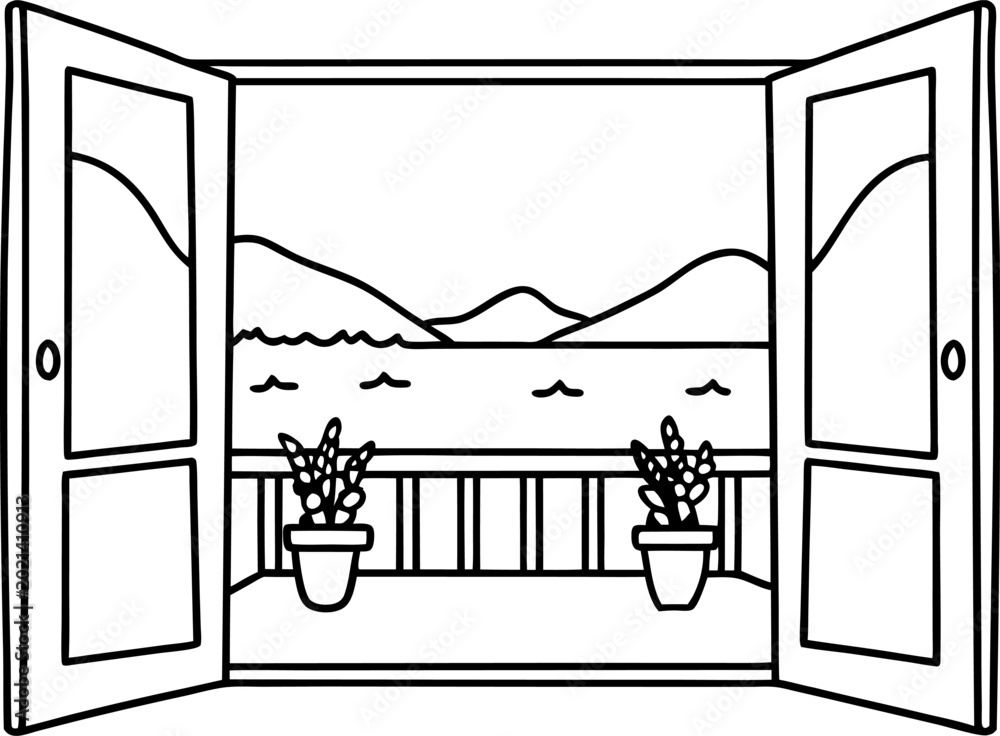 Obraz premium Open window overlooking peaceful lake with mountains and flower pots on balcony