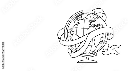 Bilde på lerret Black and white line art illustration of a world globe wrapped in a decorative ribbon