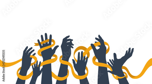 Canvastavla Abstract illustration of human hands entangled in yellow ribbon.