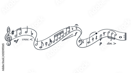 Obraz na plátně Decorative hand drawn music notes flowing on a ribbon illustration