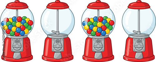 Bild auf Leinwand Vintage Red Gumball Machine Vector Illustration Set with Full and Empty Glass Gl
