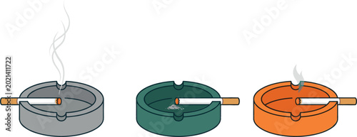 Tableau sur toile Ashtray vector set featuring colorful ceramic trays with lit and unlit cigarettes for smoking area signs and health awareness graphic designs