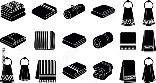 Bathroom towel vector icon set featuring folded, rolled, and hanging towels with various patterns for spa, hotel, and home textile graphic designs.