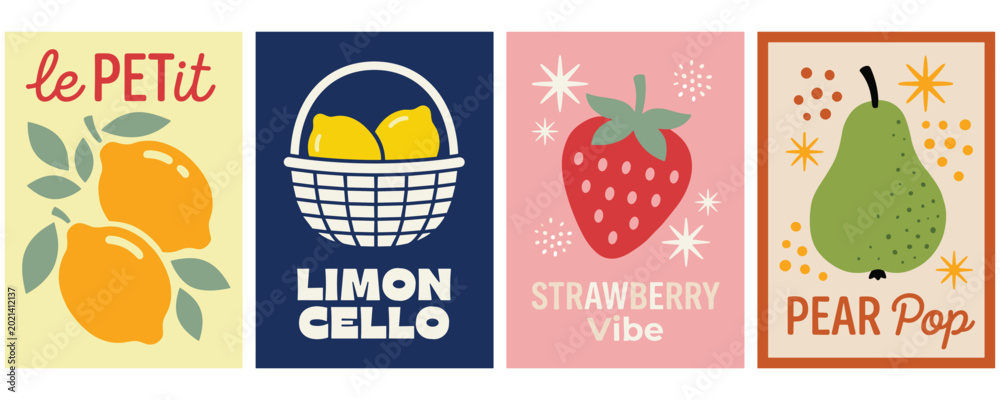 Εκτύπωση καμβά Retro fruit themed vintage poster collection with abstract shapes