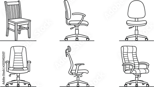 Foto Office Chair and Wooden Desk Furniture Line Icon Set Featuring Ergonomic Executi