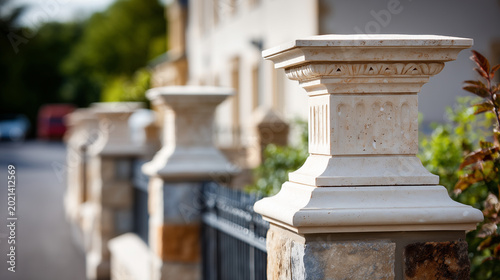 Professional architectural photography of elegant limestone and granite pier caps installed on stone pillars at entrance gates, Irish countryside estate setting, natural lighting,