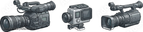 Fotografia Professional Video Camera Set Vector Illustration Featuring Camcorders and Actio