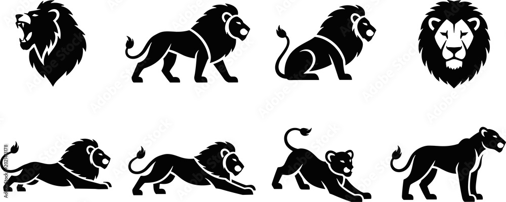 Obraz premium Black lion silhouette icon set showing roaring, walking, sitting, wildlife animal, jungle predator, strength symbol, isolated vector design illustration.