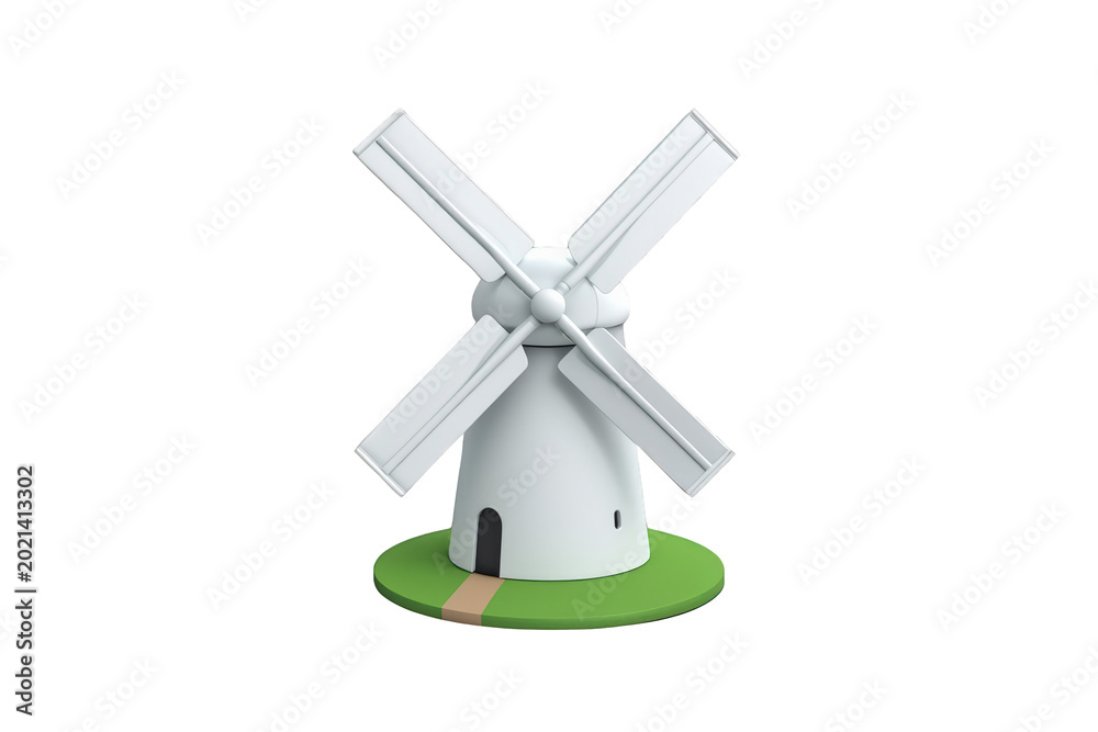 Fototapeta premium Windmill 3d rendering showing traditional mill structure with blades, a green base, and a path on a transparent background