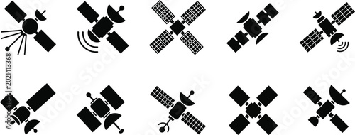 Black satellite silhouette icon set collection showing communication, orbit, space technology, antenna dish, solar panel, signal transmission, aerospace design, isolated vector.