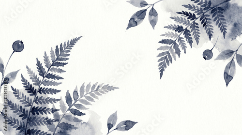 Japanese style watercolor painting, graceful fern fronds by Ai