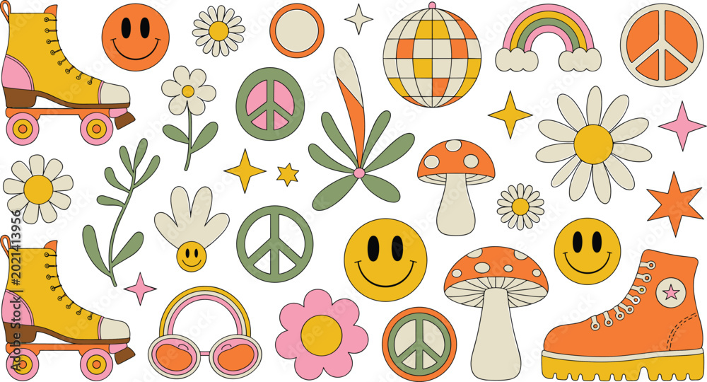 Fototapeta premium Boho retro sticker set featuring roller skates peace signs mushrooms and disco ball shapes