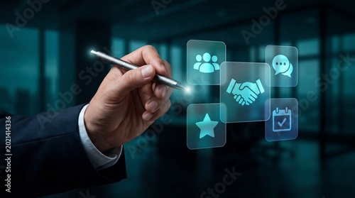 Business Deal & Modern Technology: A professional hand, poised with a digital pen, interacts with transparent digital icons suggesting collaboration, agreement.